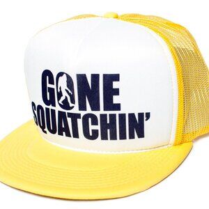 Gone Squatchin' Flat Funny trucker Cap Hat Big foot Yellow/White